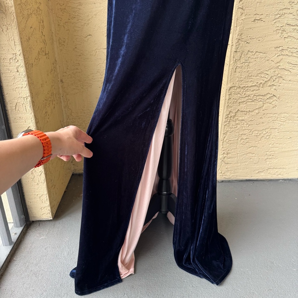 City Vibe Juniors Blue Velvet High Slit Gown Dress 11 - Picture 6 of 15